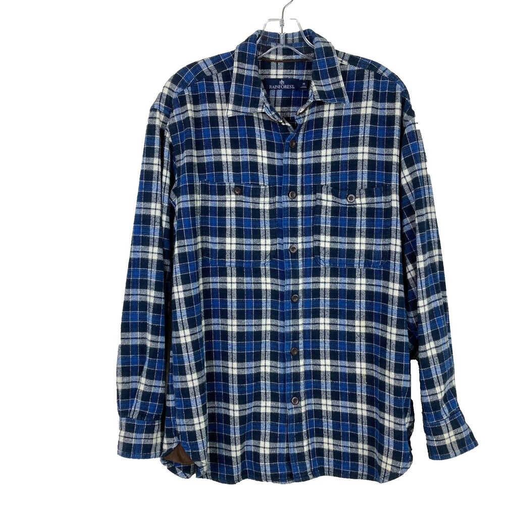 Rainforest Men's Heavyweight Flannel Shirt Size M Blue White Plaid Brown Trim